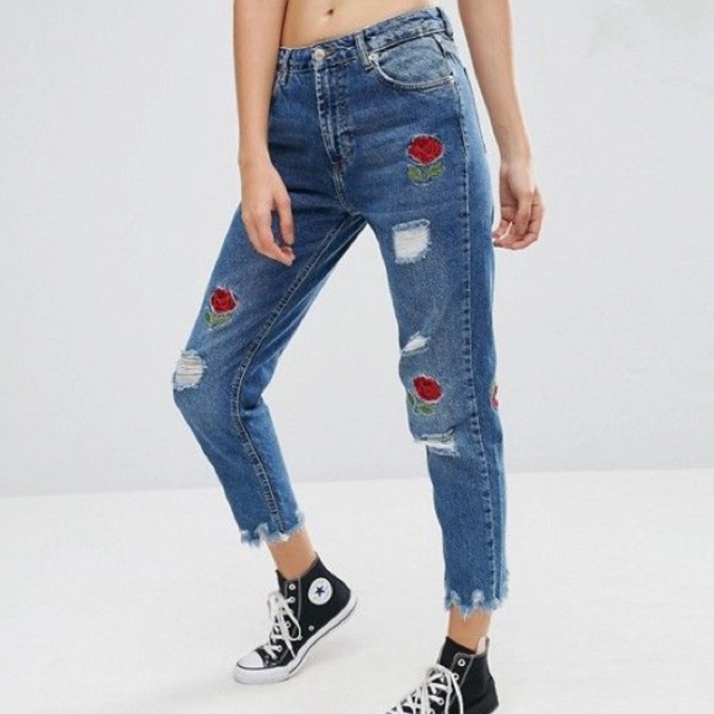 Pull & Bear Rose Embroidered High Waisted Jeans
